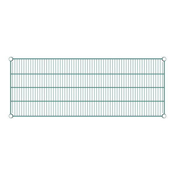 A green wire rack with wire mesh shelves and holes.