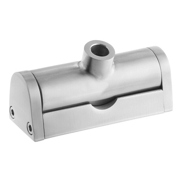A stainless steel hinge assembly component with a cylindrical design and mounting holes, used for specific temperature range applications.