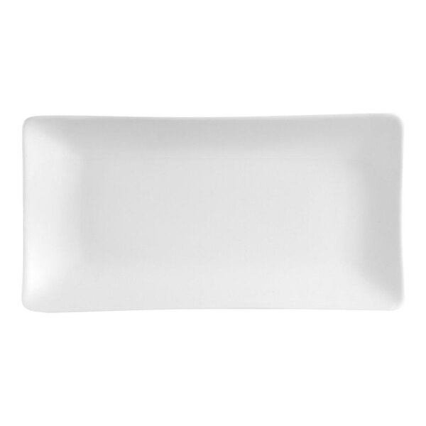 A plain, rectangular white platter with slightly curved edges.