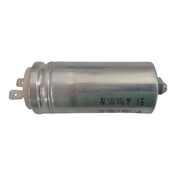 A cylindrical metal start capacitor with two electrical terminals on one end.