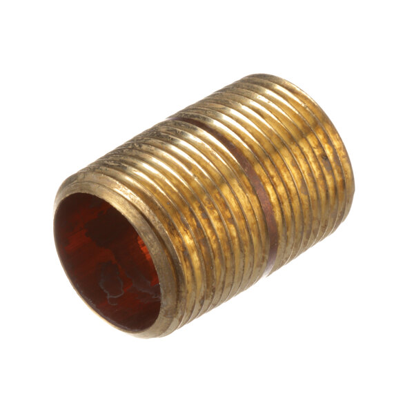 A close-up of a brass threaded pipe with a red stripe.