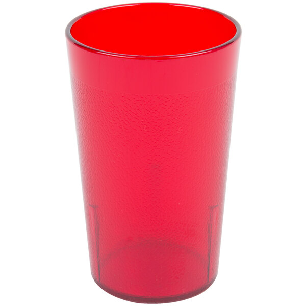 A close-up of a red Cambro plastic tumbler.