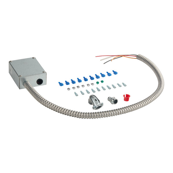 An electrical control box assembly kit with a flexible metal conduit, wire connectors, and various installation hardware.