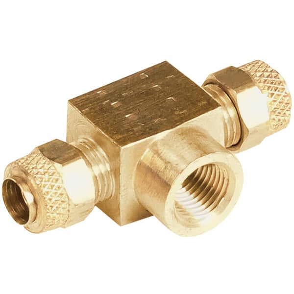 A close-up of a gold metal Antunes motor mounting bracket with screws and a brass threaded pipe fitting.
