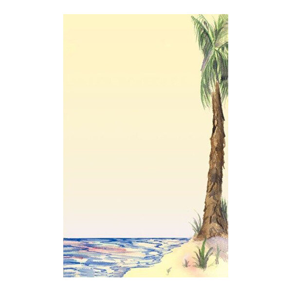 A watercolor-style illustration of a beach scene with a palm tree on the right, sand, and ocean waves at the bottom left, with a large blank area in the center.