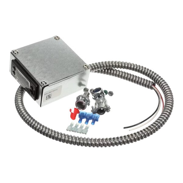 A temperature control kit with a metal box, flexible conduit, connectors, and wiring accessories.