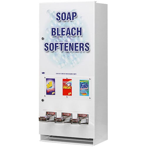 A white Vendmaster 394 laundry soap vending machine with blue and red labels.