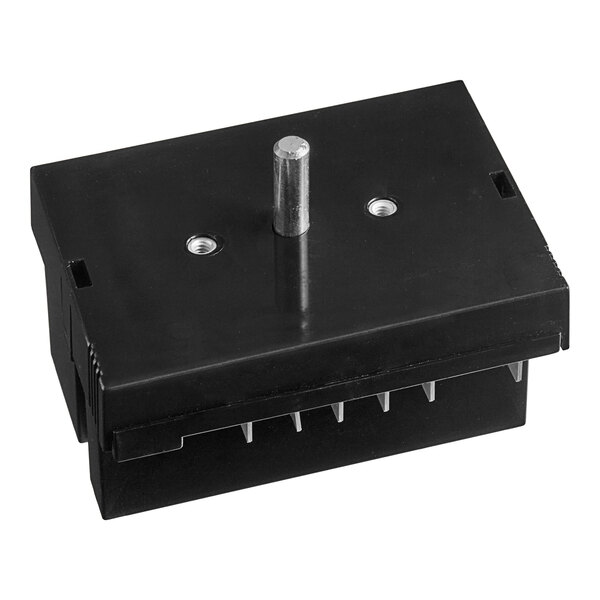 A black rectangular thermostat with a metal pole and two screws.
