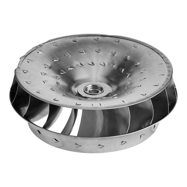 A metal mixed flow blower wheel component for industrial or commercial ventilation systems.