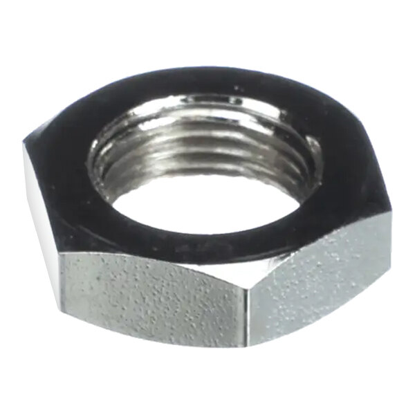 A metal hexagonal lock nut with internal threading.