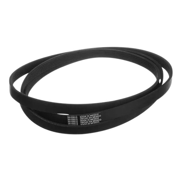 A black Alliance Laundry poly-v belt with white text that says "710J6"