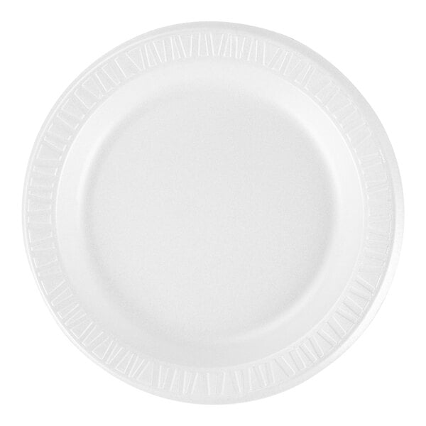 A white, round, 9-inch laminated foam plate with a textured rim.
