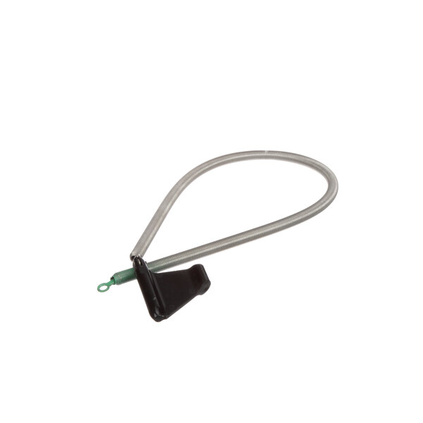 A grey tube with a black tip and a green handle.