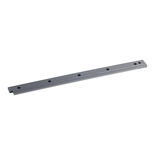 A grey rectangular metal bar with holes on the side.