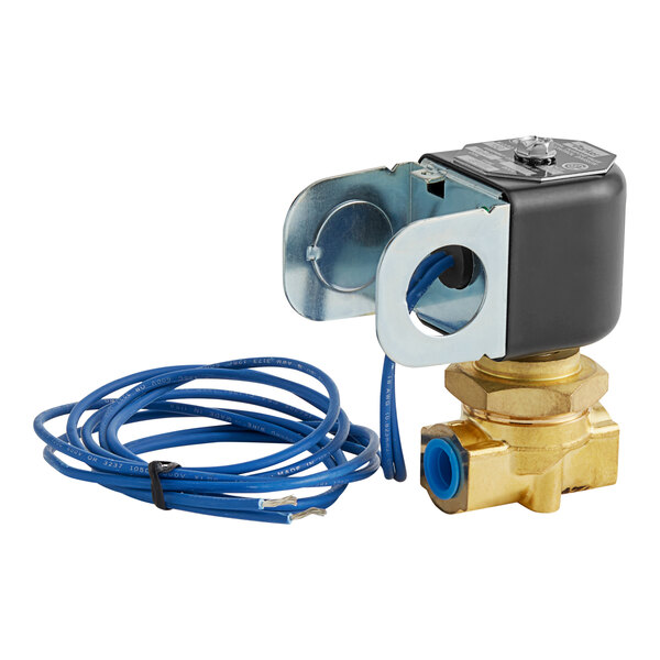 A close up of a Cleveland brass valve with blue and white wires.