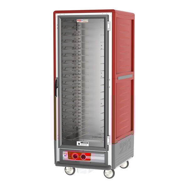 A red and silver Metro C5 heated holding cabinet with clear doors.