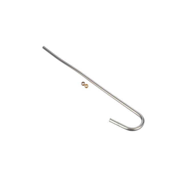 A silver curved metal pipe with two small round rings on the end.