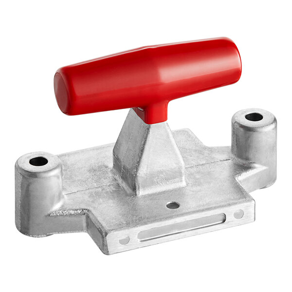 A red metal pusher head with a red handle.