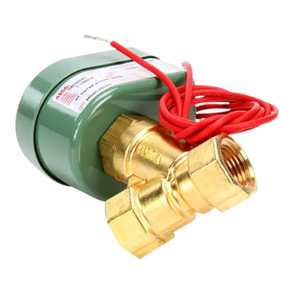 A close-up of a brass Accutemp solenoid valve with red wires.