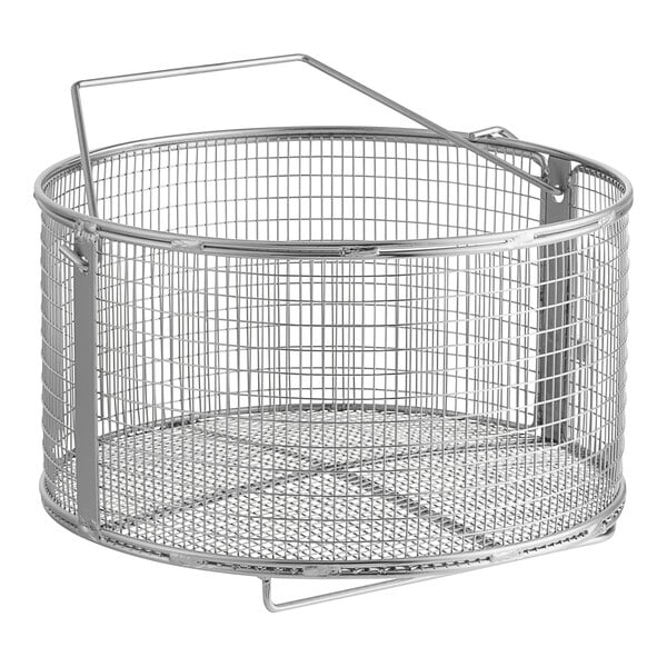 A BKI stainless steel fryer basket with wire handles.