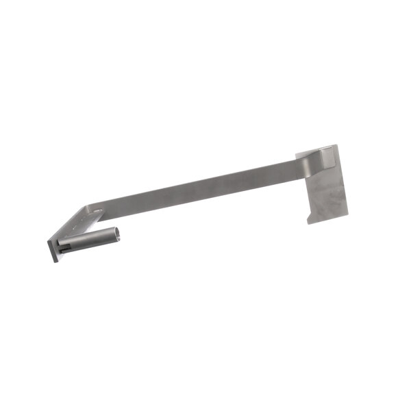 A stainless steel metal hanger with a long arm.