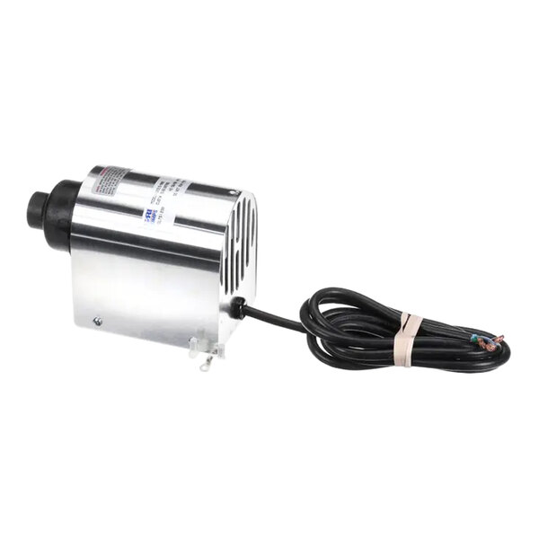 A metal water pump with a cylindrical body and attached power cord.