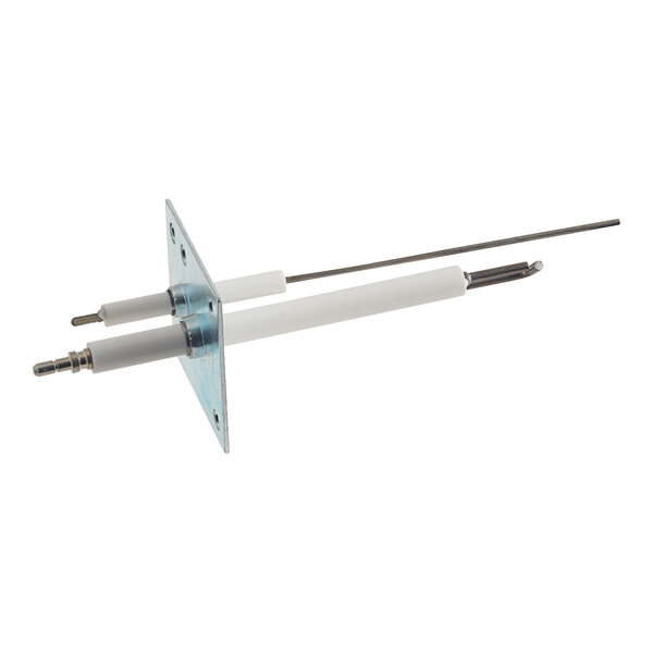 A white and silver metal rod with a white handle and a screw.