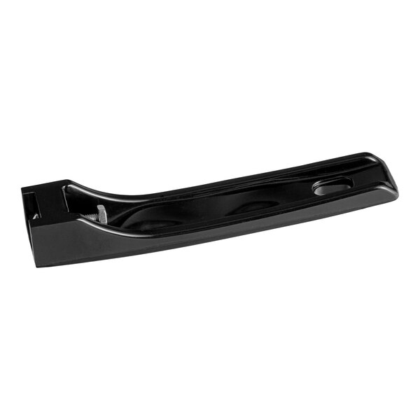 A black, elongated handle with a slightly curved design and a mounting hole at one end.