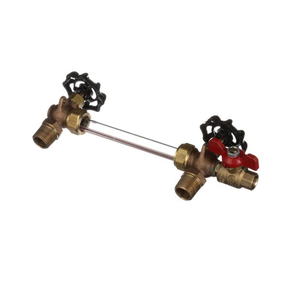 A Cleveland Gauge Glass Ass''Y valve with two red handles.