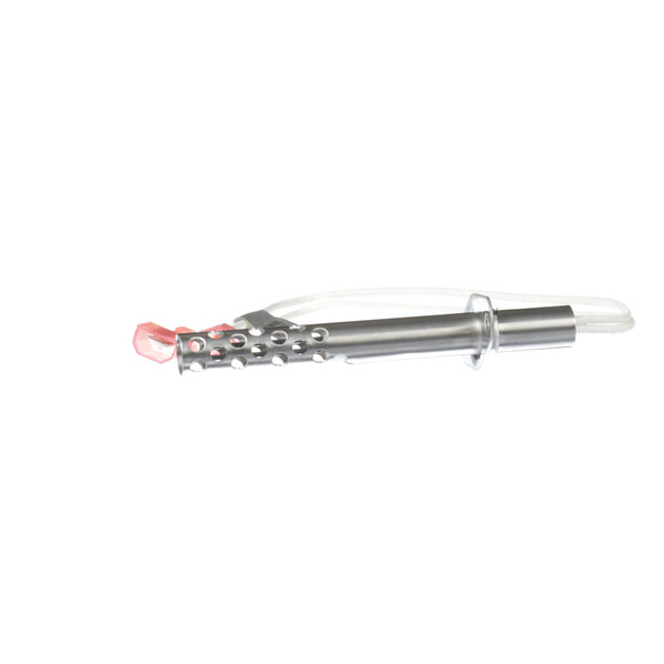 A silver metal dental tool with a red handle.