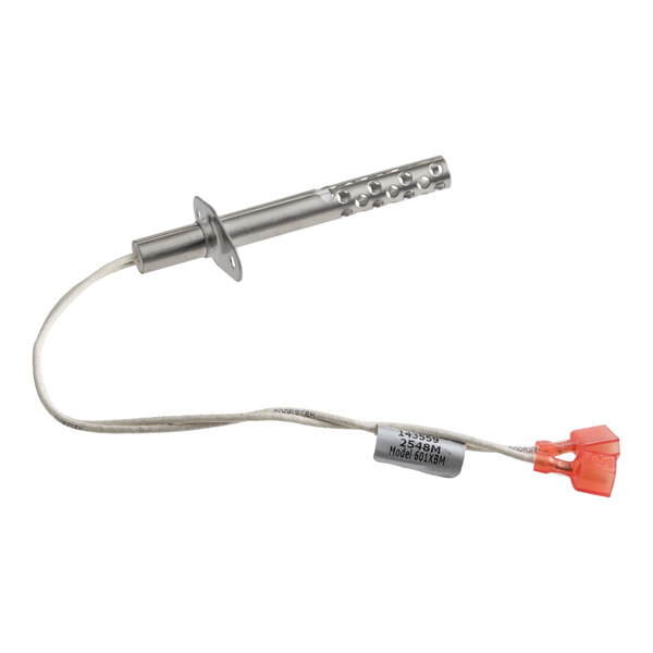 A metal cylindrical component with a perforated end, attached to a wire with a red plastic connector.
