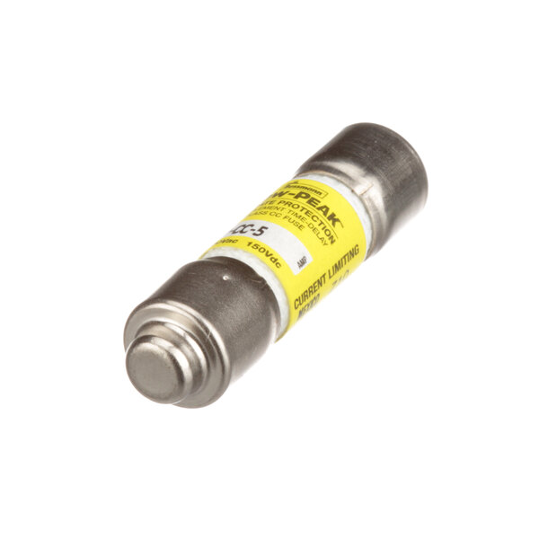 A close-up of a Groen 5 amp fuse with yellow and silver bands.