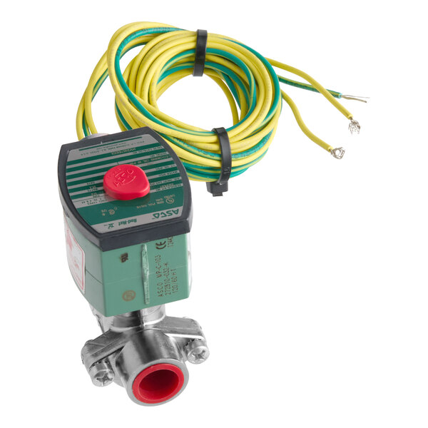 A solenoid valve with a 1/2 inch NPT connection and attached yellow and green wiring.