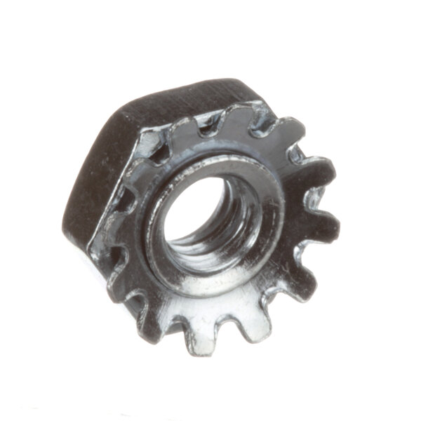 A close-up of a Vollrath hex nut with a small hole.