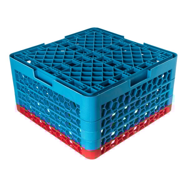 A blue and red plastic glass rack with 25 compartments and four extenders.