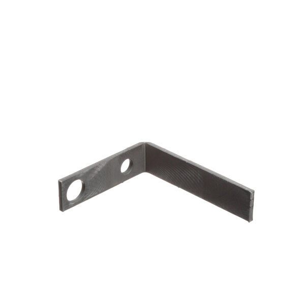 A black metal corner bracket with holes.