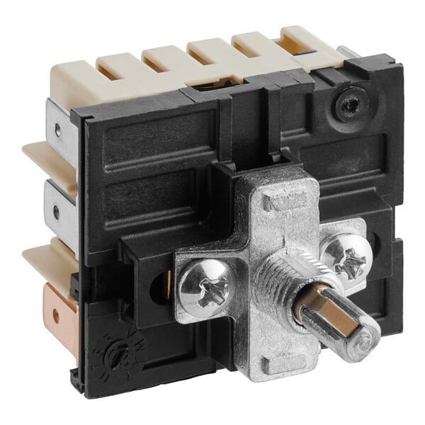 A black and white Hobart Infinite switch with metal screws and two wires.