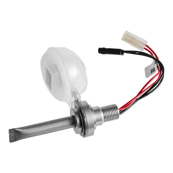 A white plastic device with wires and black and white components inside.