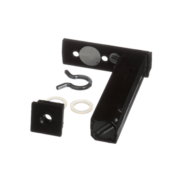 A black metal Beverage-Air closing mechanism with a screw and a nut.