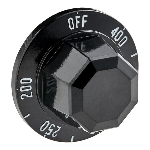 A black Vulcan thermostat knob with white text reading zero.