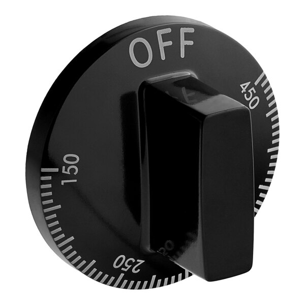 A close-up of a black Vulcan thermostat knob with white text that says "off"