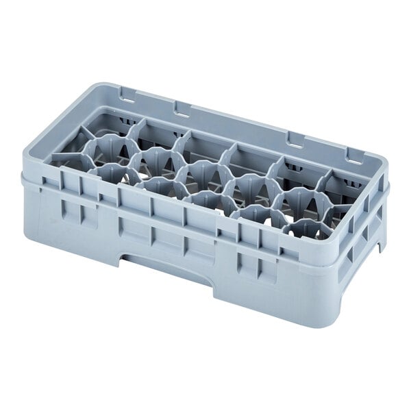 A grey plastic container with 17 compartments and holes.