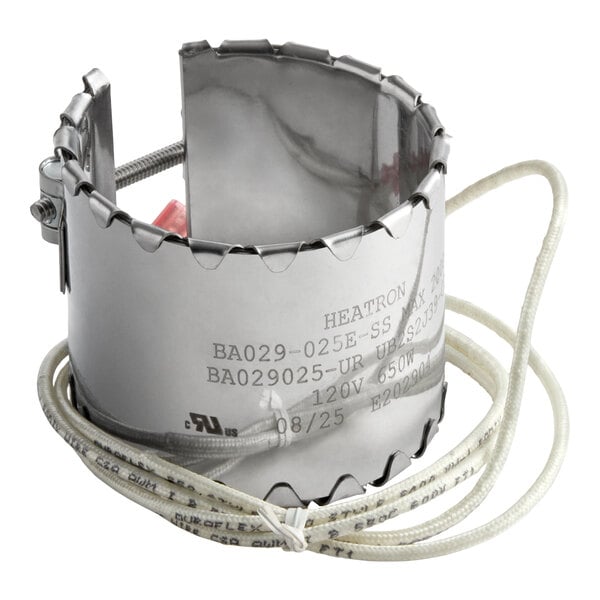 A stainless steel band heater with attached electrical wires.