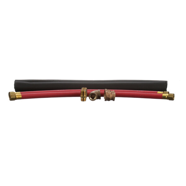 A red hose with black and gold handles.