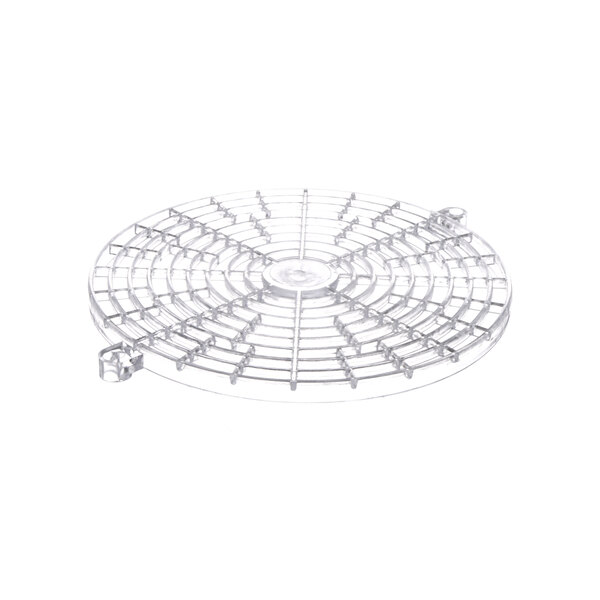 A white plastic circular fan guard with a metal grate.