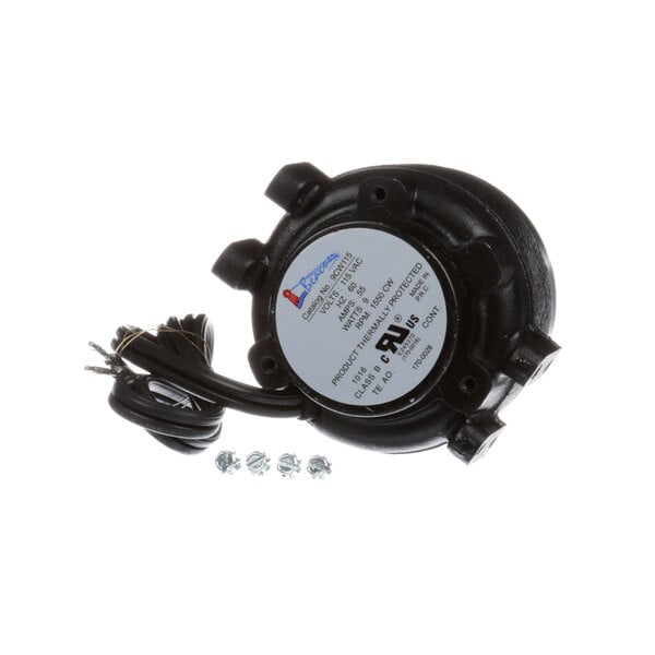 A close-up of a black Continental Refrigerator fan motor with a white label.