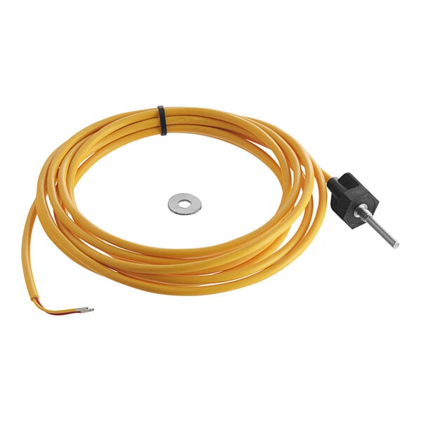 A yellow cable with a metal nut.