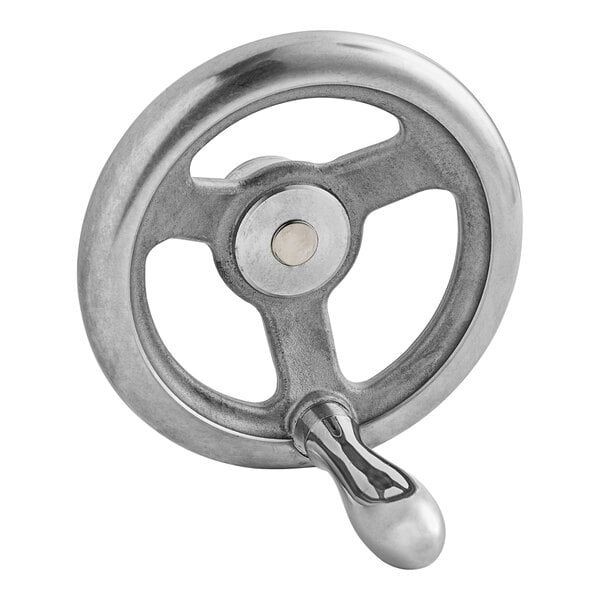 A close-up of a silver metal Cleveland handwheel with a handle on it.