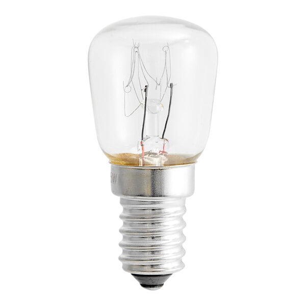 A close-up of a BKI E14 25w 240v convection oven bulb with a clear glass cover and a wire.