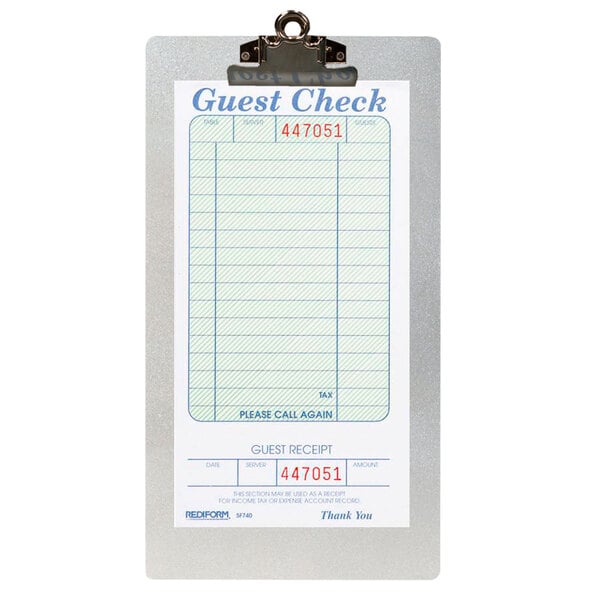 A Menu Solutions Alumitique aluminum clipboard with a check on it.